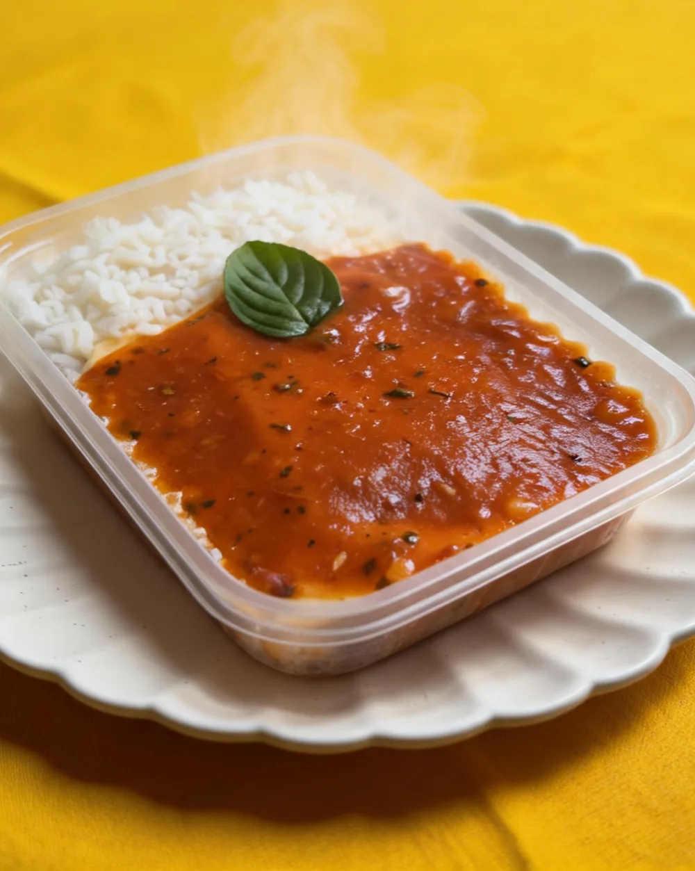 Marmita SilFit com escondidinho de frango cremoso ao molho de tomate, em recipiente transparente sobre prato canelado branco