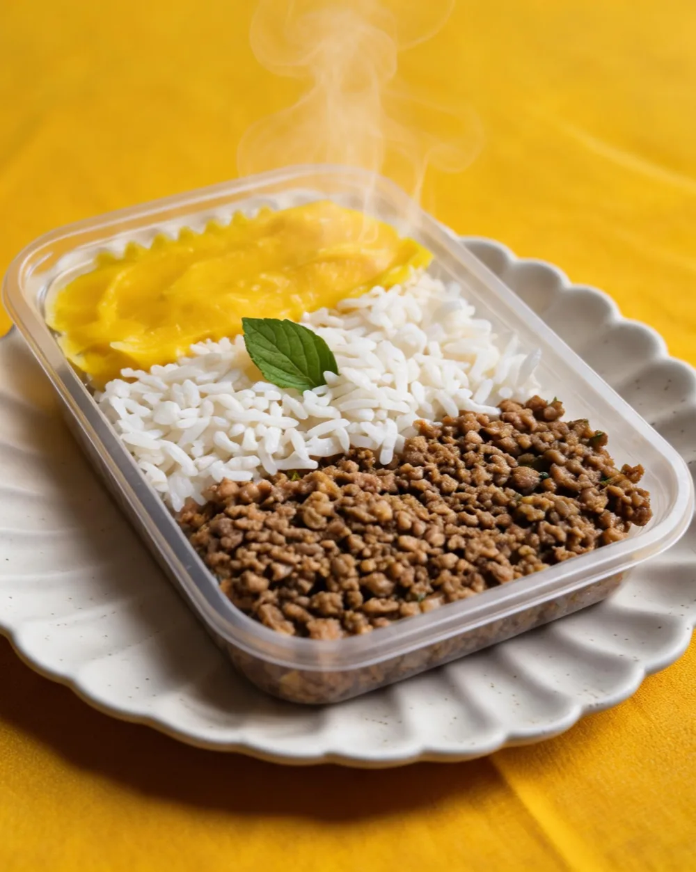 Carne Moída tradicional SilFit — carne moída temperada, arroz branco e purê de abóbora cremoso, com folha de manjericão, em marmita transparente sobre prato canelado branco
